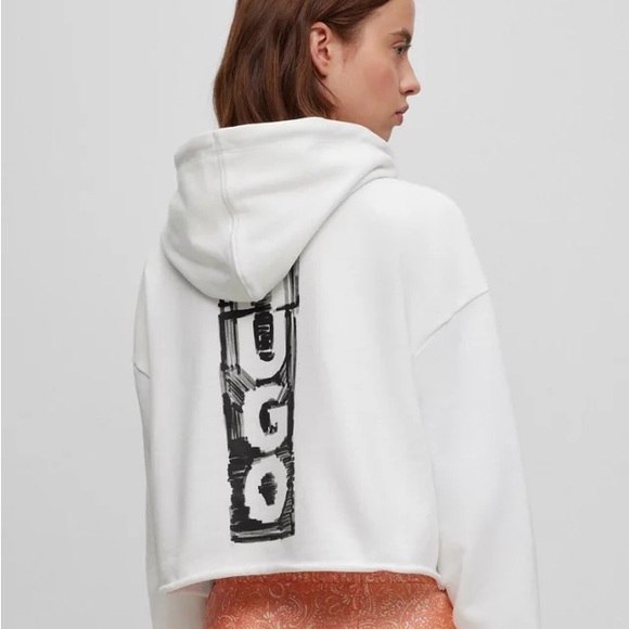 HUGO COTTON-TERRY CROPPED HOODIE WITH VERTICAL LOGO - Picture 2 of 6